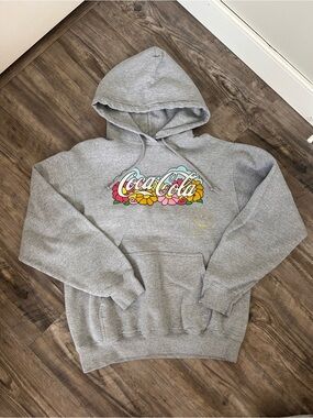 Coca Cola Gray Hoodie with Colorful Floral Logo